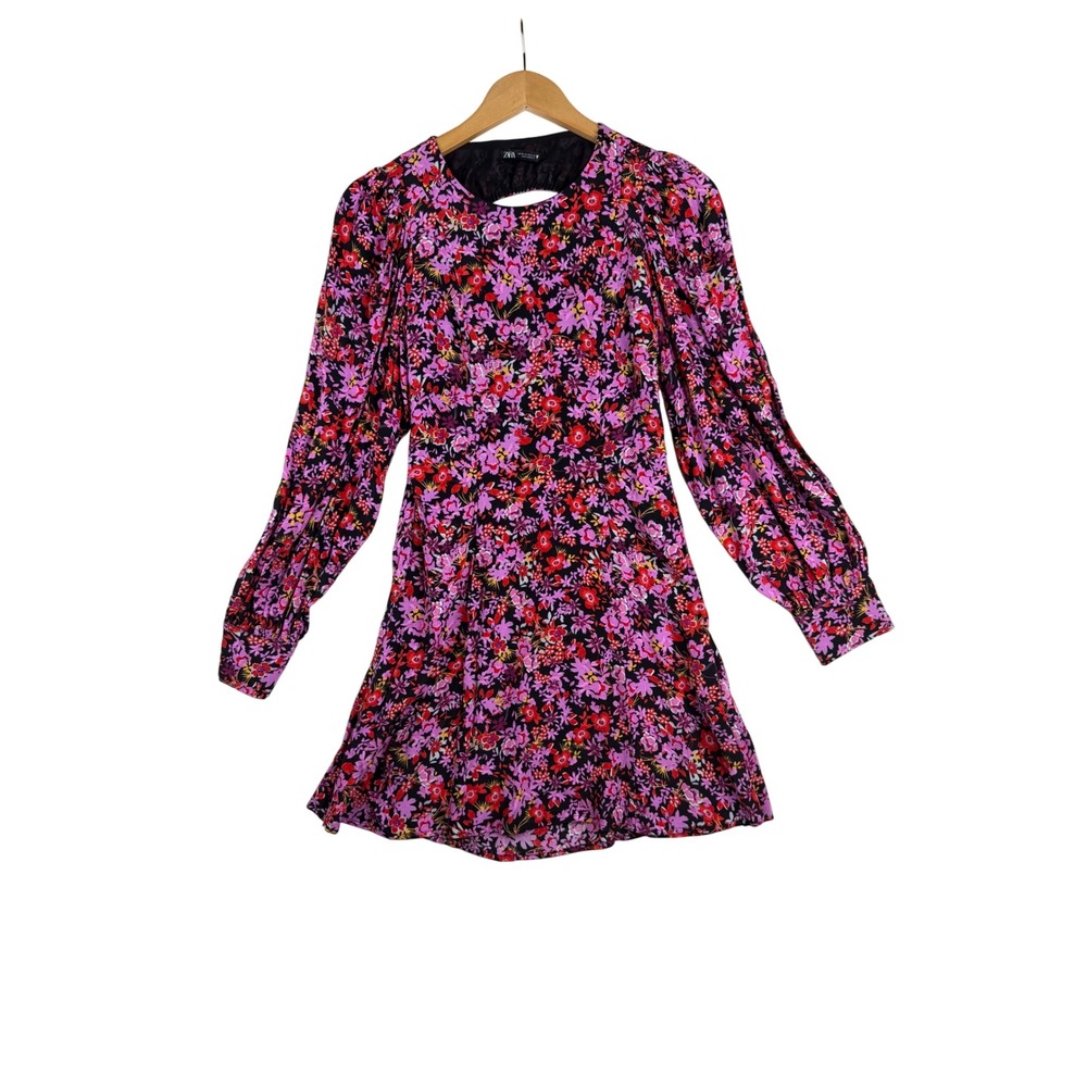 Zara Floral Print Back Cutout Long Sleeve Dress size XS Black/Pink/Red‎